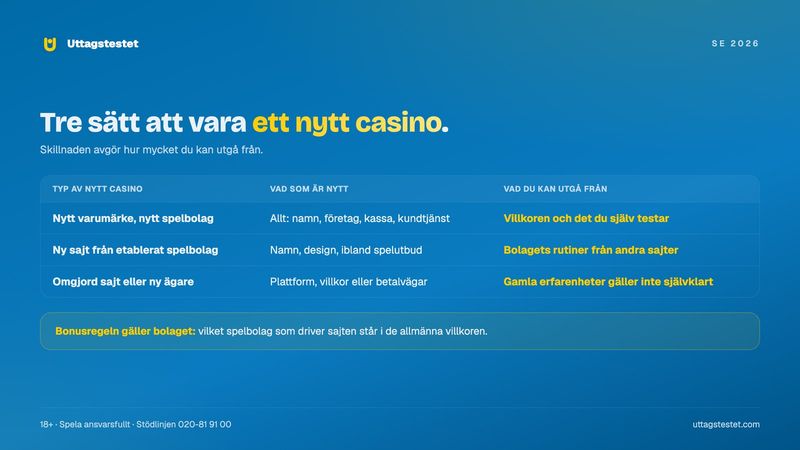 Tre typer av nya casinon: nytt varumärke, ny sajt från etablerat spelbolag och omgjord sajt, och vad du kan utgå från