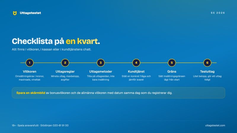 Checklista i sex steg innan du sätter in pengar på ett nytt casino: villkor, uttagsregler, uttagsmetoder, kundtjänst, gräns och testuttag